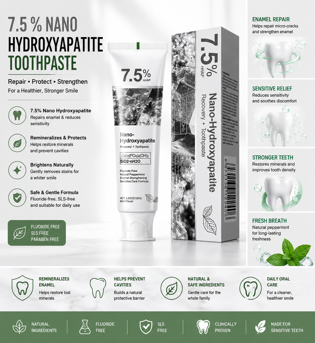 Holydeer Recovery Toothpaste | 7.5% Nano-Hydroxyapatite for Enamel Repair & Whitening - 120g